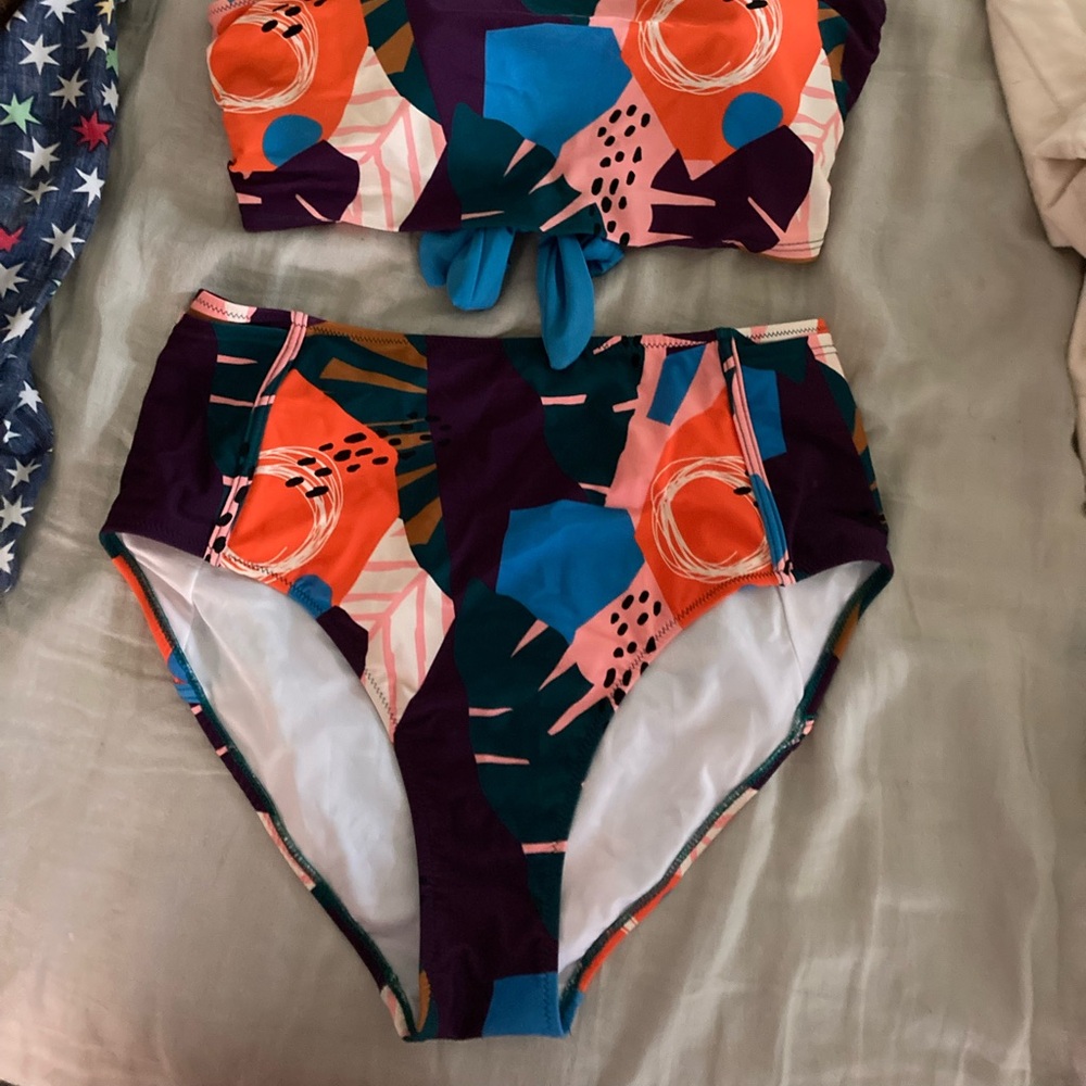 Latched Mama Orange and Blue High Waist Bikini with Nursing Tie-Back Top - Picture 3 of 4